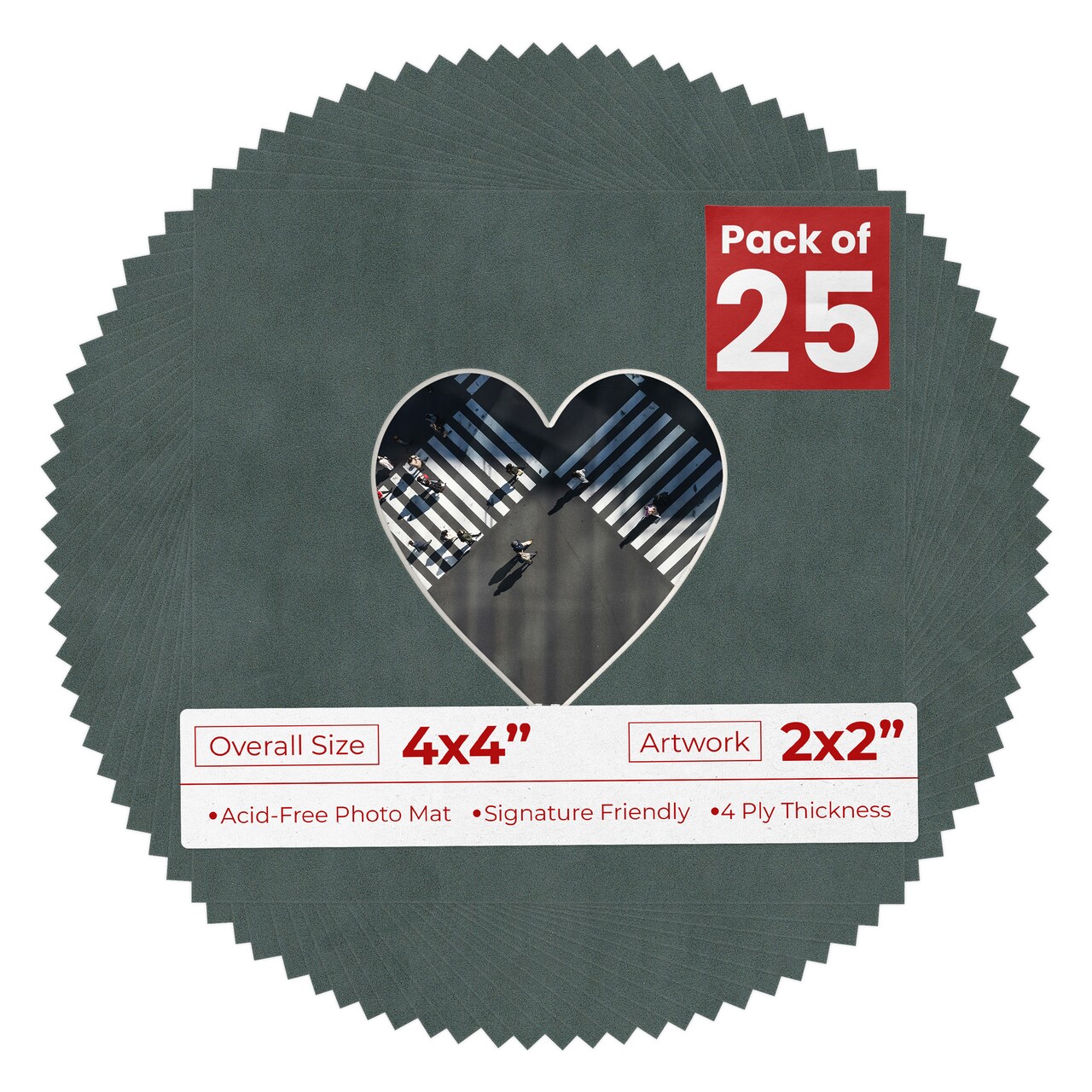 Dark Grey Suede Mat Board for 4x4 Inch Frames - Heart Opening for 2x2 Photos